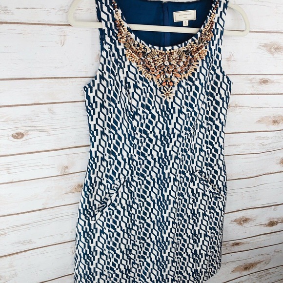Anthropologie Moulinette Soeurs beaded neckline blue & white lined Dress Size 2 - Picture 3 of 11